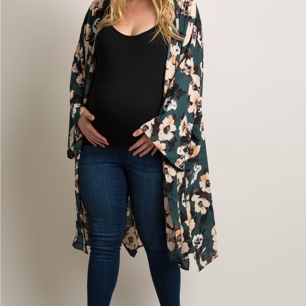 PinkBlush Green Floral Chiffon Long Maternity Plus Cover Up size 1X